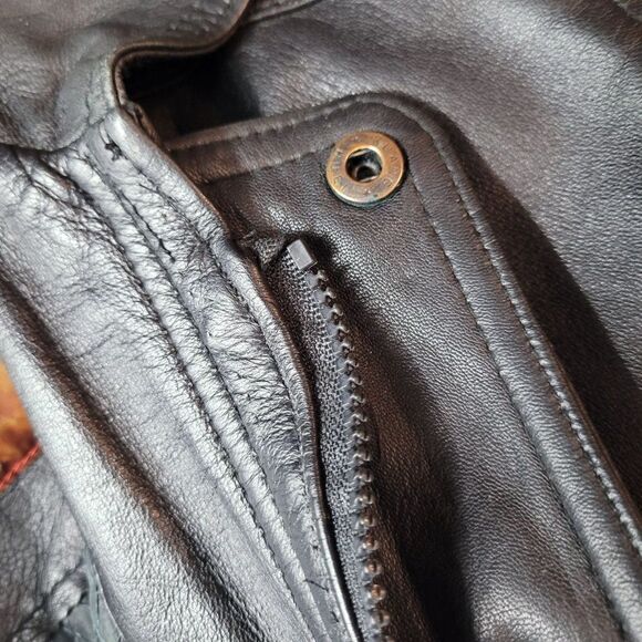 Vintage 80s Leather Flight Jacket M Black Long Belted Hidden Zip Biker Moto - Picture 8 of 16